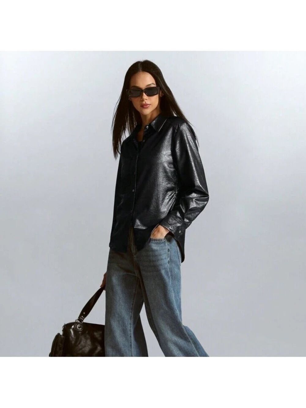 Steele Faux Cotton and PU Leather Black Button Up Shirt Jacket